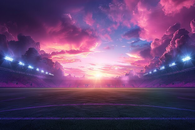 view of empty soccer stadium with fantasy and dreamy sky
