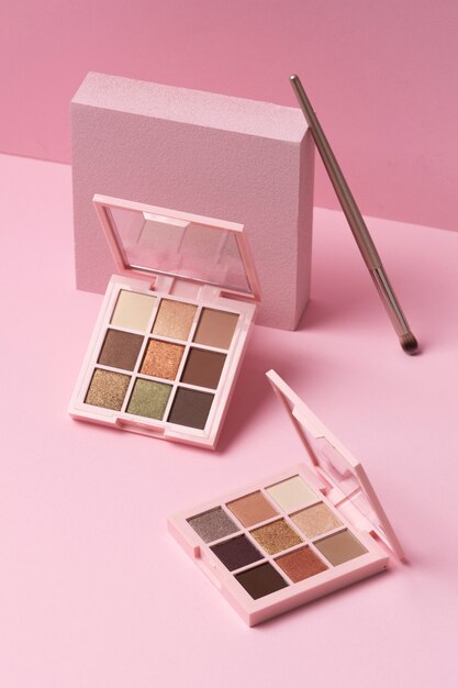 View of eyeshadow palette with brush applicator