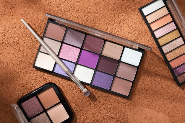 View of eyeshadow palette with cosmetic powder