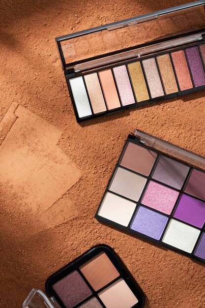 View of eyeshadow palette with cosmetic powder