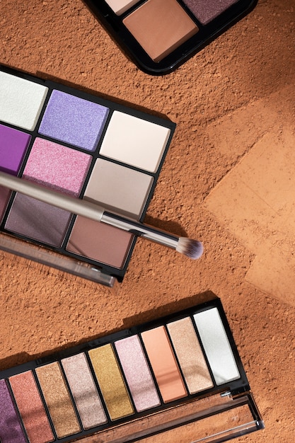 View of eyeshadow palette with cosmetic powder