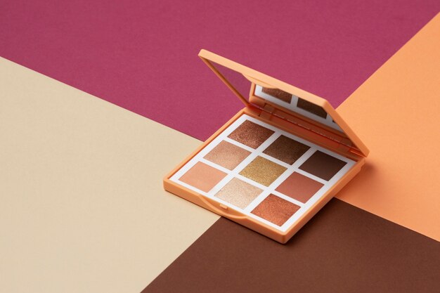 View of eyeshadow palette with shades of cosmetic powder