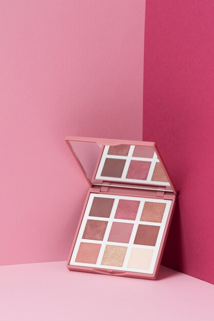 View of eyeshadow palette with shades of cosmetic powder