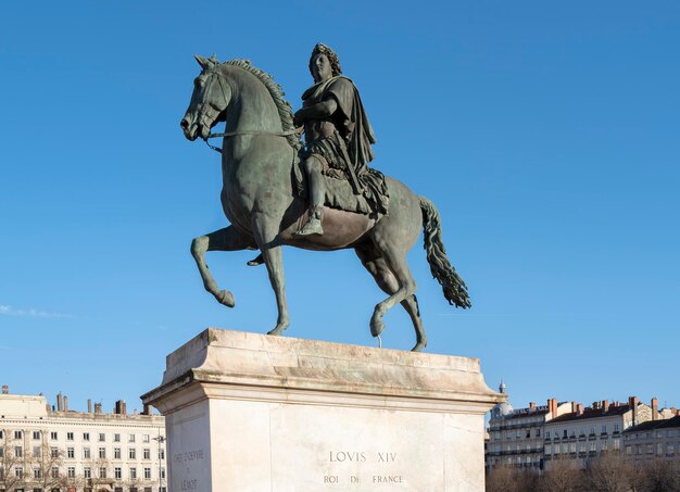 View of famous Louis XIV sttue on Bellecour place in Lyon city France