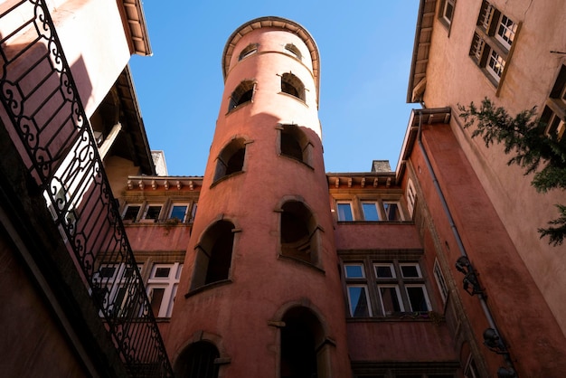 Free photo view of famous pink tower building in lyon