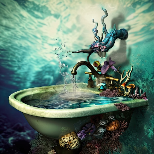 Free photo view of fantasy landscape with surreal running water tap for world water day awareness