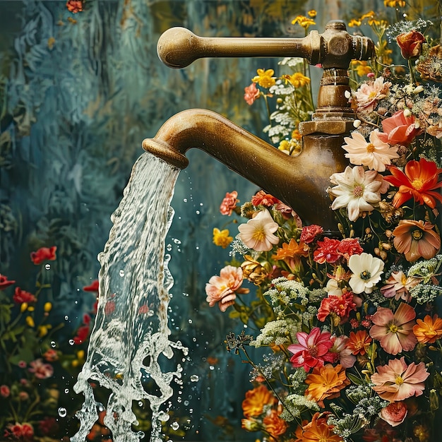 View of fantasy landscape with surreal running water tap for world water day awareness