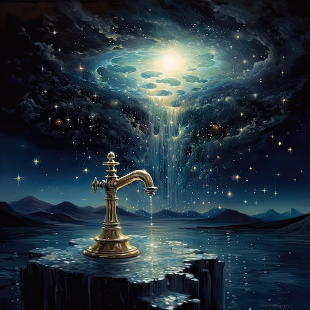View of fantasy landscape with surreal running water tap for world water day awareness