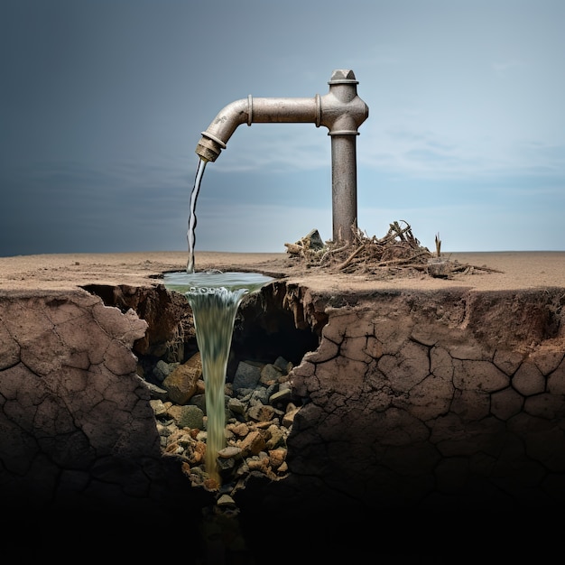 世界水の日に関する意識を高めるために超現実的な水道の水栓を備えたファンタジー景色の景色