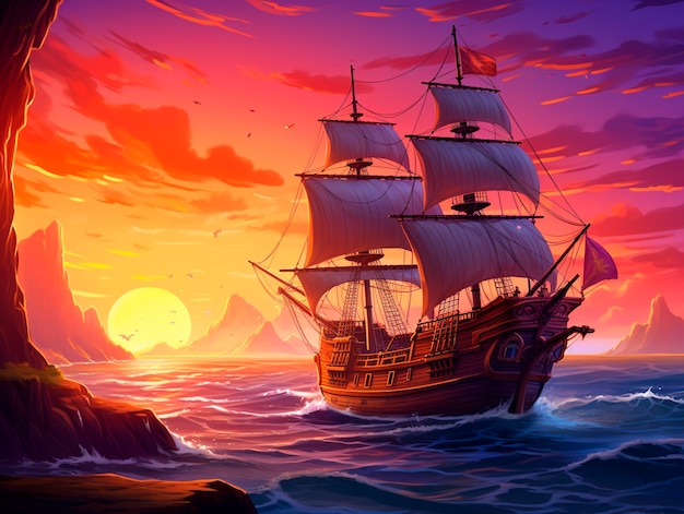 Вид фантастического пиратского корабля