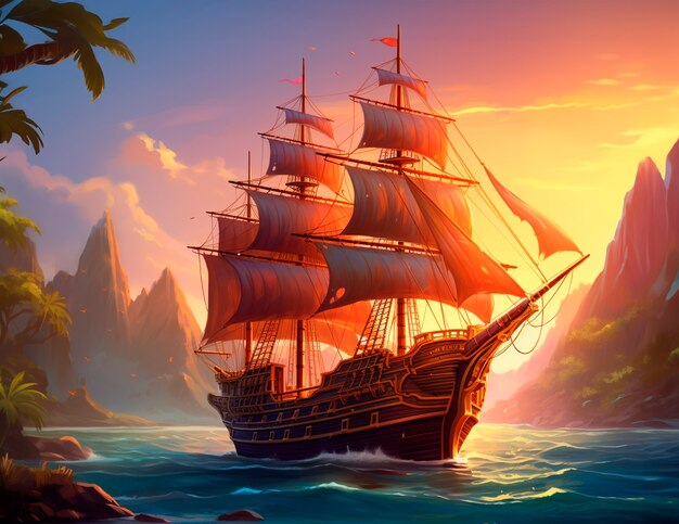 Вид фантастического пиратского корабля