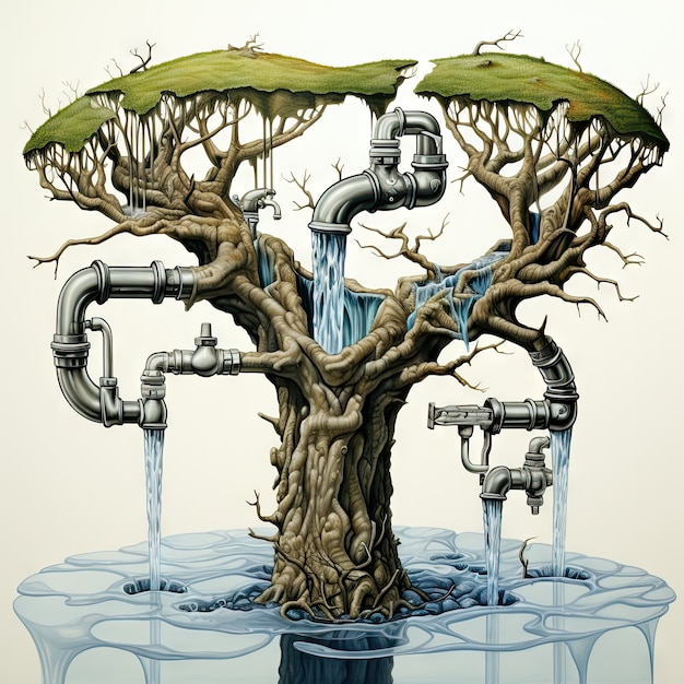 Free photo view of fantasy tap with running water and surreal landscape for world water day awareness