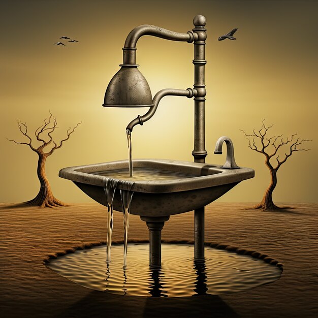 View of fantasy tap with running water and surreal landscape for world water day awareness