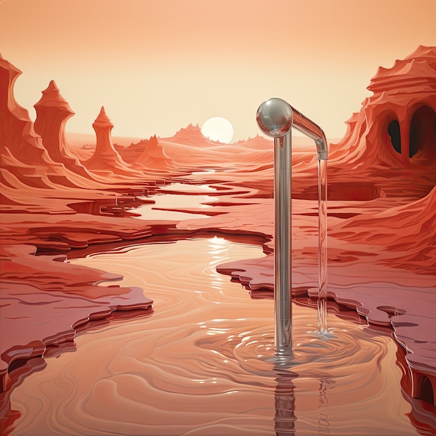View of fantasy tap with running water and surreal landscape for world water day awareness