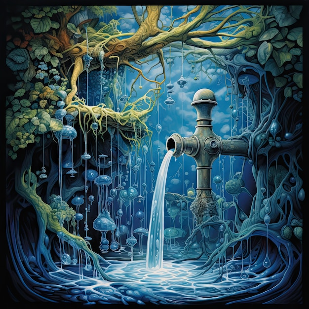 Free photo view of fantasy tap with running water and surreal landscape for world water day awareness