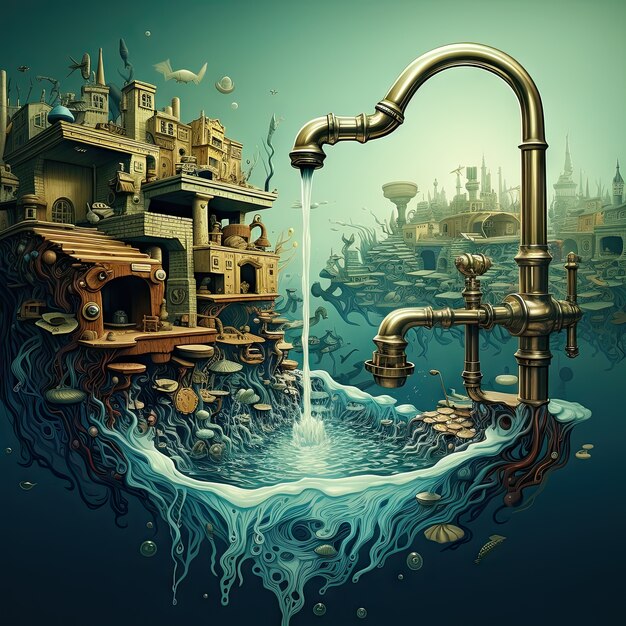 世界水の日に関する意識を高めるために流水と超現実的な風景を描いたファンタジー・タップの景色