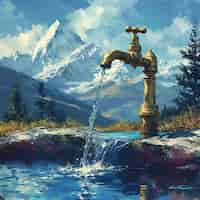 Free photo view of fantasy tap with running water and surreal landscape for world water day awareness