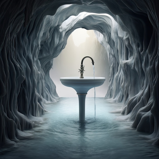 Free photo view of fantasy tap with running water and surreal landscape for world water day awareness