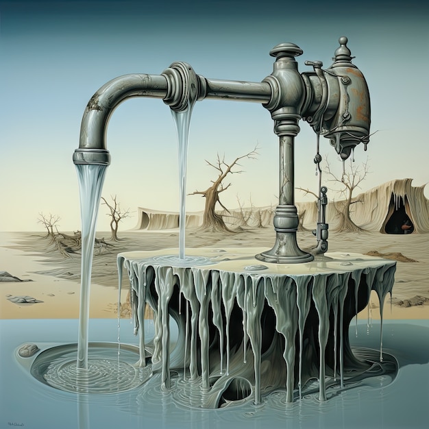 Free photo view of fantasy tap with running water and surreal landscape for world water day awareness