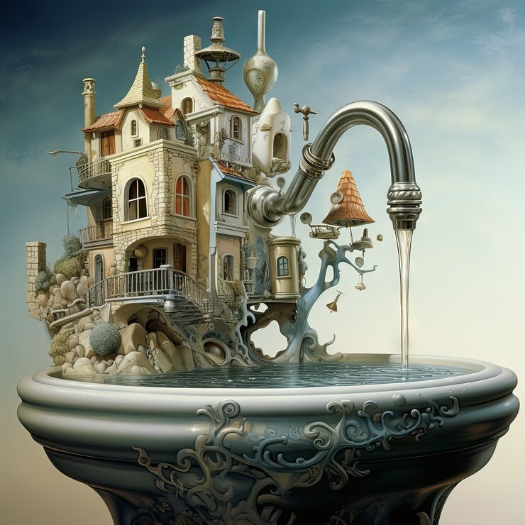 Free Photo view of fantasy tap with running water and surreal landscape for world water day awareness
