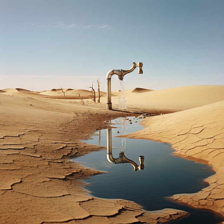 Бесплатный Фотография вид фантастического крана с текущей водой и сюрреалистическим пейзажем для осведомленности о всемирном дне воды