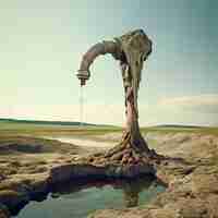 Free photo view of fantasy tap with running water and surreal landscape for world water day awareness