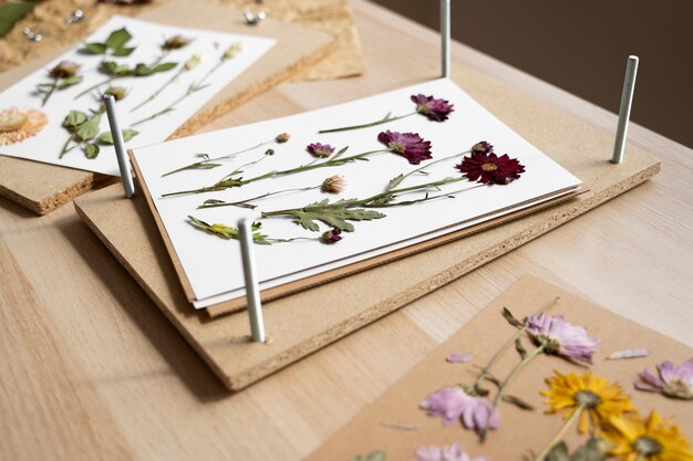 view of female artisan pressing flowers