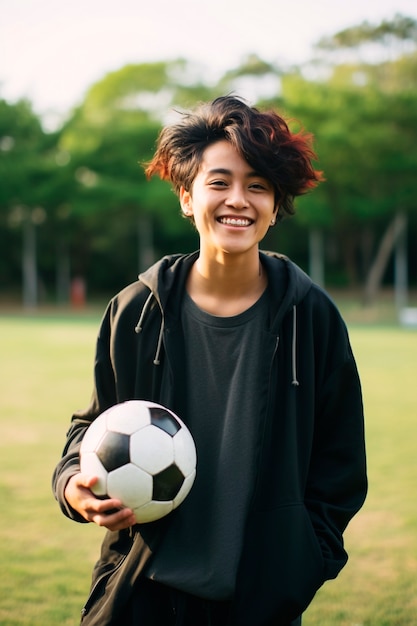 View of female soccer player holding ball