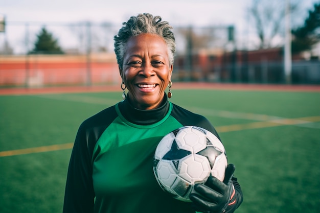 View of female soccer player holding ball