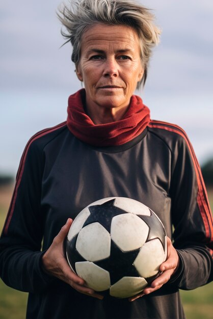 View of female soccer player holding ball