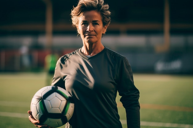 Free photo view of female soccer player holding ball