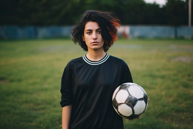 View of female soccer player holding ball