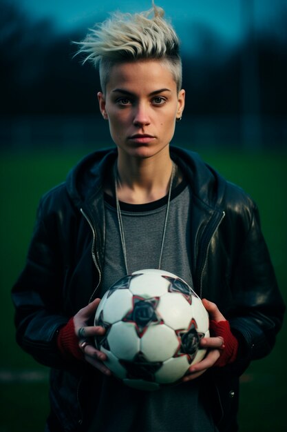 View of female soccer player holding ball