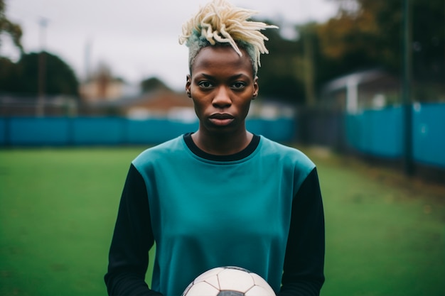 View of female soccer player holding ball