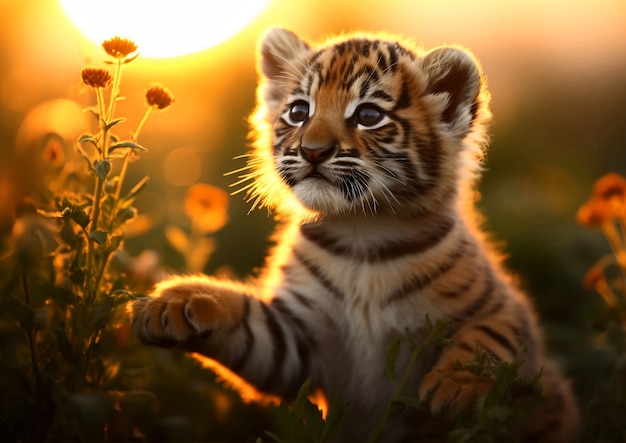 View of ferocious wild tiger cub in nature