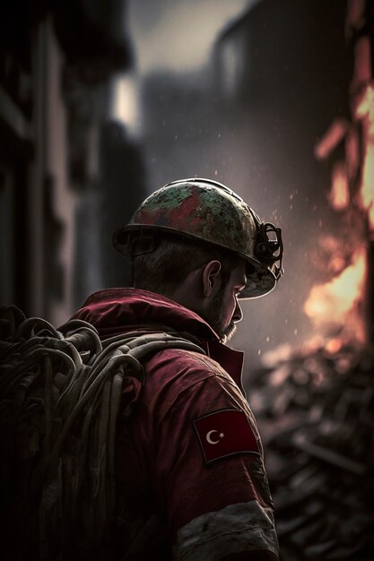 View of firefighter rescuer among affected buildings after an earthquake