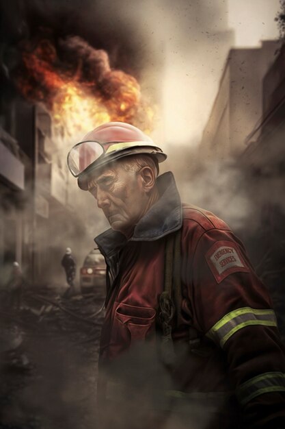 View of firefighter rescuer among affected buildings after an earthquake