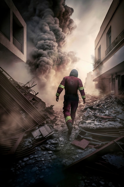 Вид пожарного-спасателя среди пострадавших зданий после землетрясения
