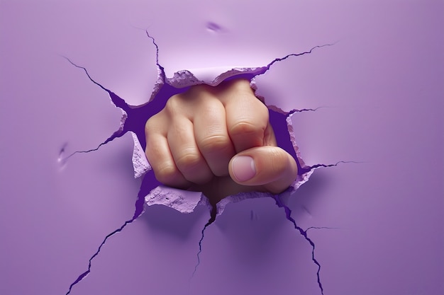 Free photo view of fist ripping through purple surface for women's day celebration