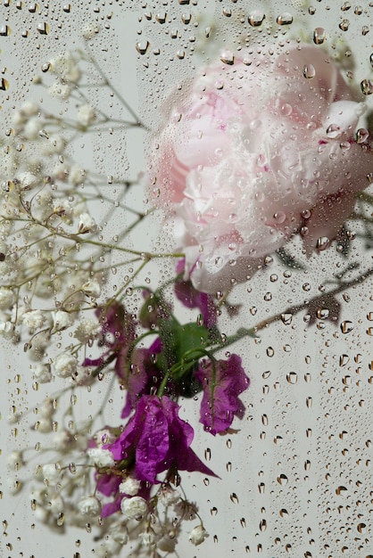 Free photo view of flowers behind glass with water drops