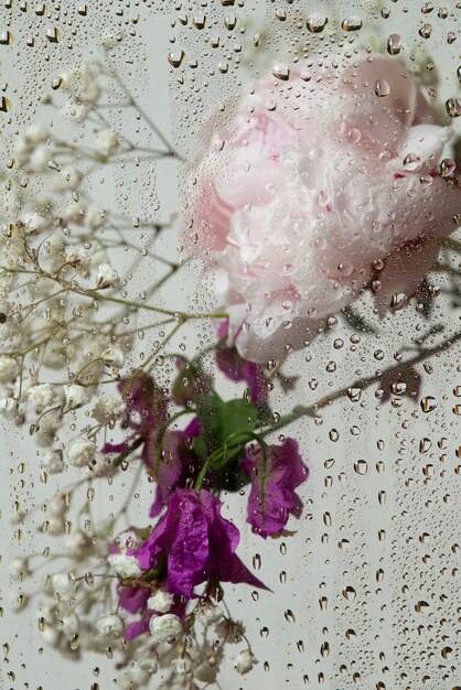 View of flowers behind glass with water drops