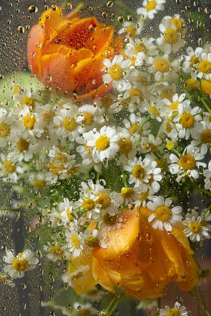 View of flowers behind glass with water drops