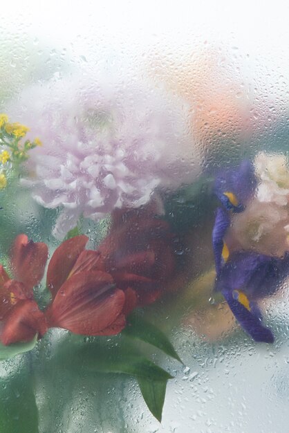 View of flowers through condensed glass with water drops