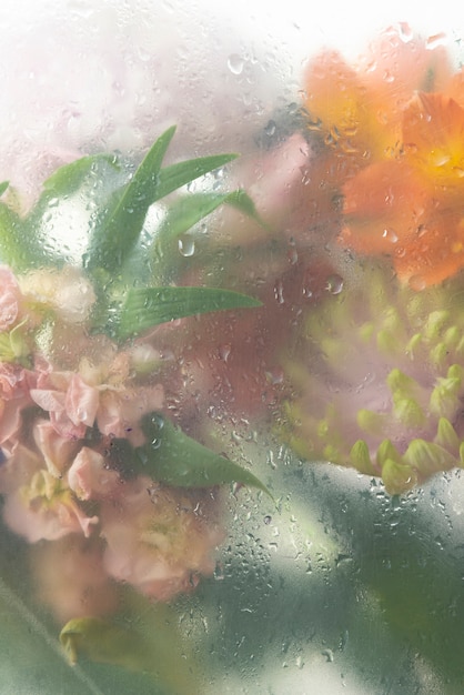 View of flowers through condensed glass with water drops