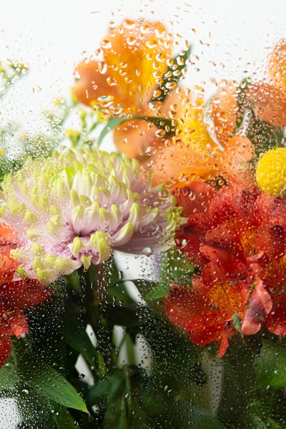 View of flowers through condensed glass