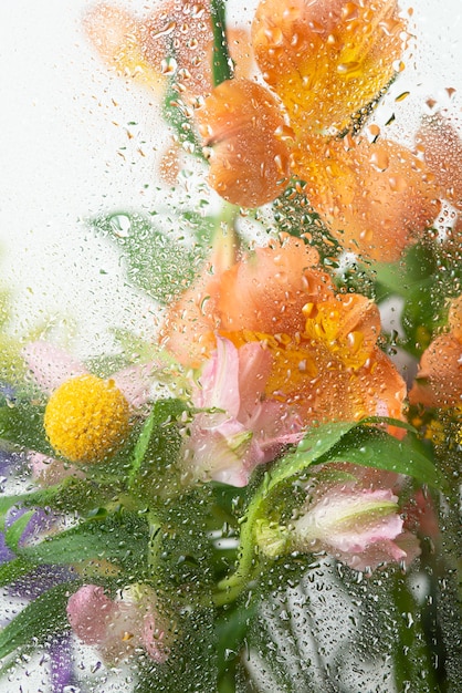 View of flowers through condensed glass