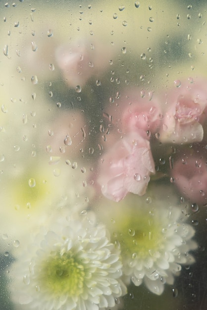 凝縮されたガラスを通しての花の眺め