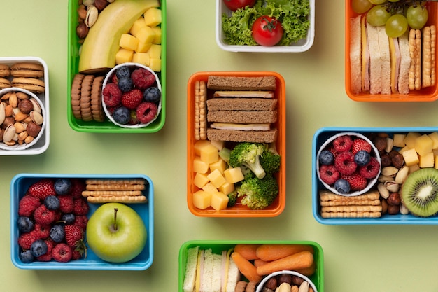 Above view food lunch boxes assortment