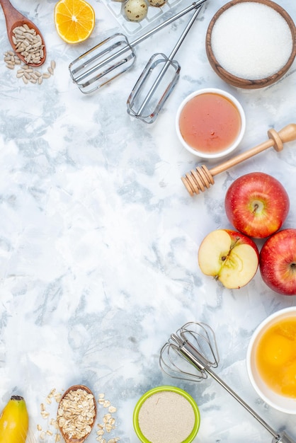 Free photo above view of free space and fresh healthy food set on two-toned white blue background