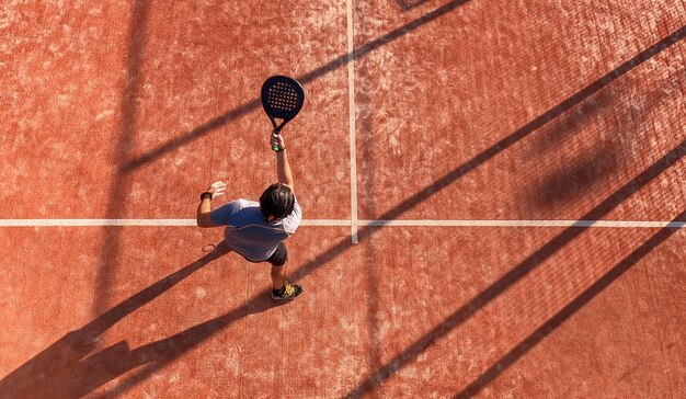 View from above of a man playing paddle tennis on an outdoor court.
